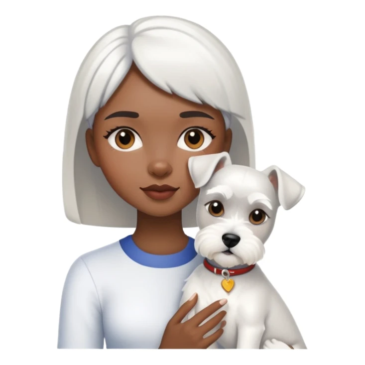 Black girl with short bangs holding a white schnauzer dog sticker