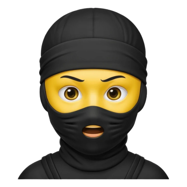 ninja face emoji, simple style, yellow color, black headband, black mask fully covering mouth, mouth hidden, minimal details, big round eyes, no skin color, no cup shape sticker