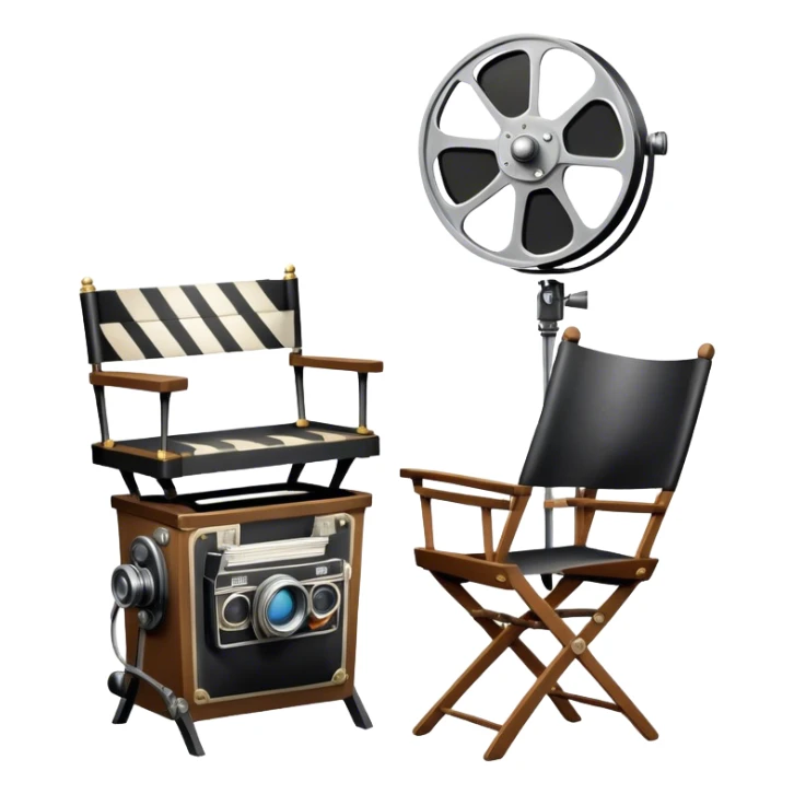Icon for Acting: a theatrical mask, stage lights, a director’s chair, a script and a vintage movie camera, representing the craft of acting in theater. The design should reflect creativity, performance, and storytelling on stage. Transparent background. sticker