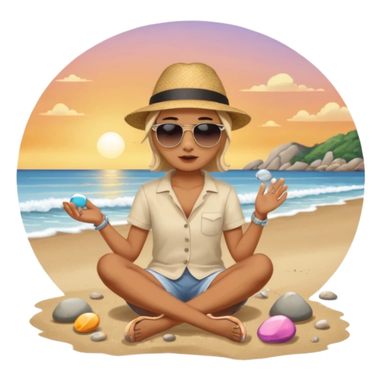 Someone sitting on the ground in the Beach close to the water and throws stone at the water and it's a sunset sticker