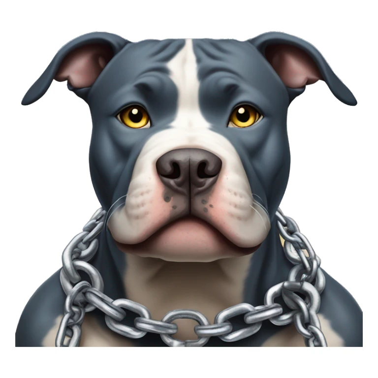 A Pit Bull with a defiant expression, piercing blue eyes, displays his muscular strength while wearing iron chains adorned with gold and silver spikes sticker