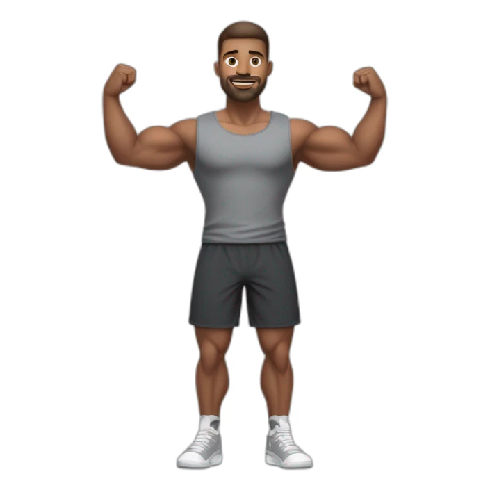 Full height realistic Actively gesturing with hands Pale skinned Fit Man With the biceps and brown hair in dark gray Sleeveless Mike, black oversize sports shorts, watch and white Sneakers sticker