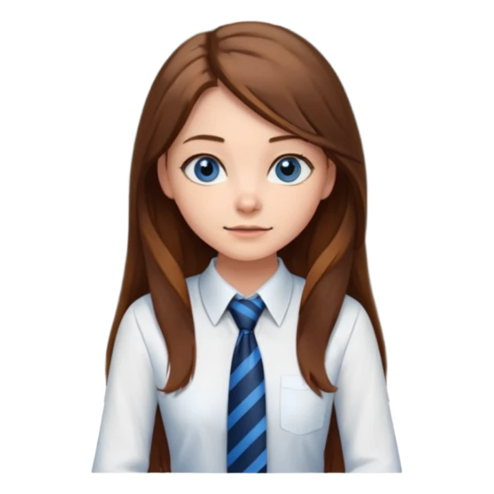 high school class room with a pretty female high school student with long brown hair, blue eyes, wearing a tie, sitting in front of the blackboard sticker