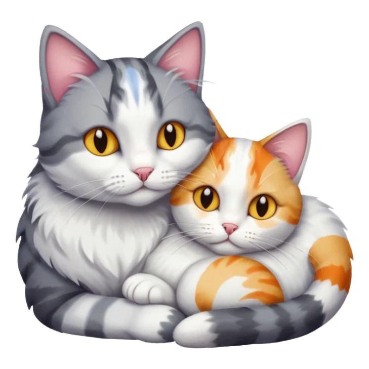 grey and white cat cuddling a colourful light patched calico + white tabby cat sticker
