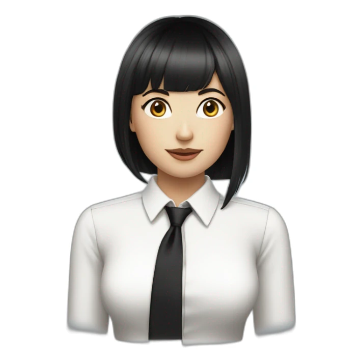 white female bangs black straight hair white shirt black tie sticker
