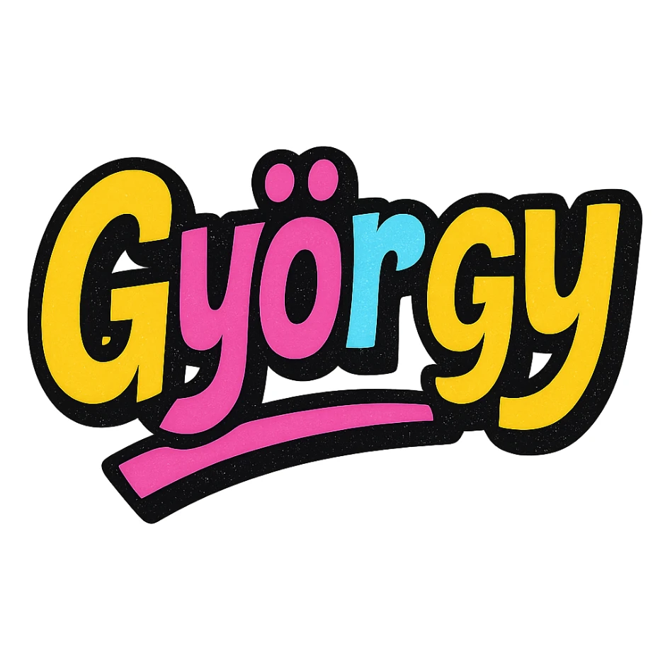 The name 'György' in a modern, colorful gradient font with a dark outline, dynamic style with slanted or partial underline, in the style of reference patterns. sticker
