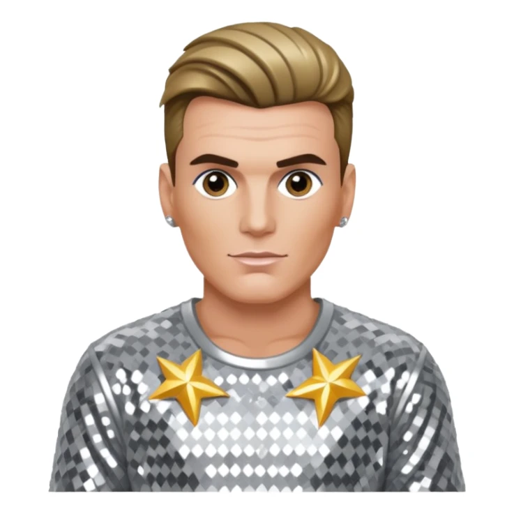 Vanilla Ice with dark blonde hair, silver sequin outfit sticker