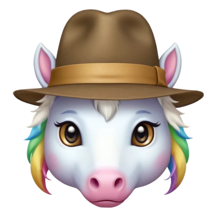unicorn face cute wearing fedora, horn piercing through the hat looking in the camer sticker