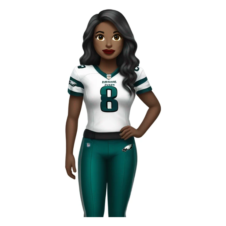 White female long dark hair red lips wearing Philadelphia Eagles jersey sticker