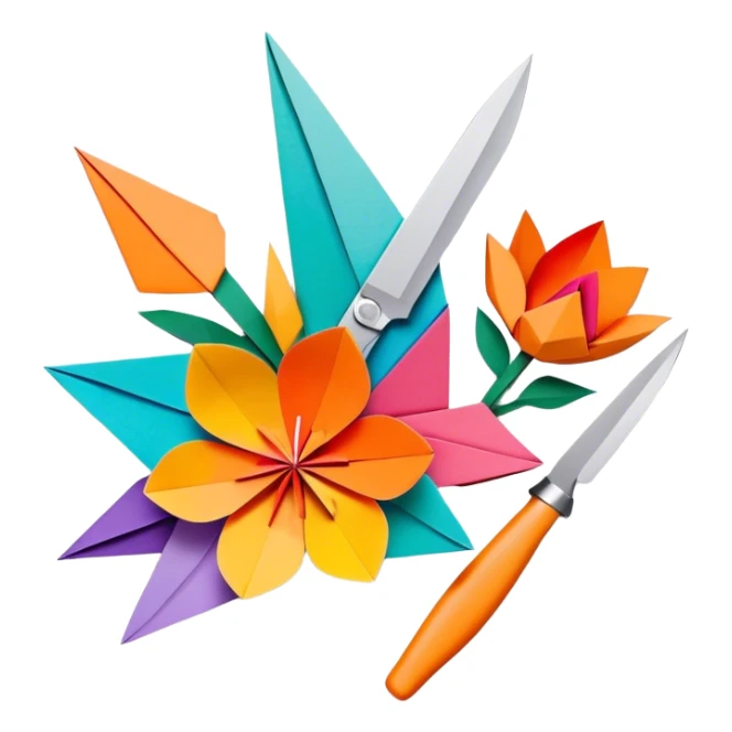Paper crafting icon, colorful paper sheets, origami figures, 3D paper flowers, visible scissors and craft knife, minimalistic style, clean lines, transparent background. sticker