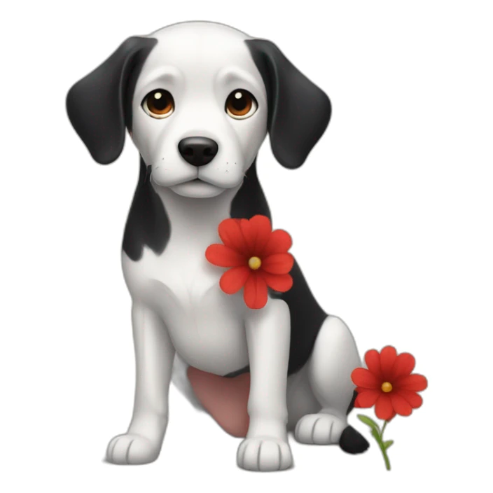 A dog with a a boy with black hair with a red flower  sticker