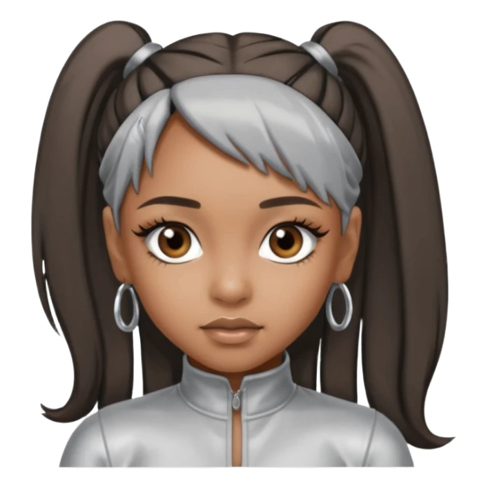 Left Eye from TLC with long dark brown ponytail hair, silver outfit sticker