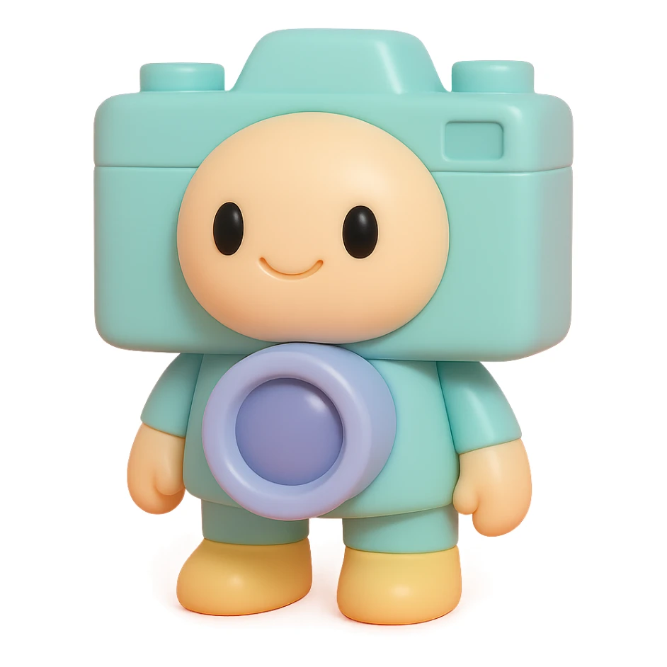 a camera, vinyl figure style, stylized and collectible figure look sticker