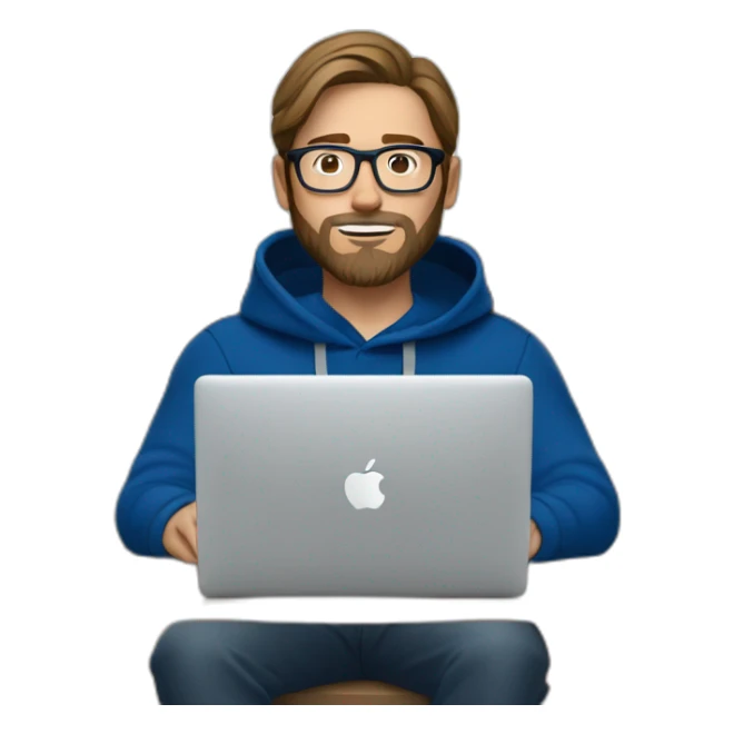 Brown hair white man with a beard and round glasses typing on apple computer wearing a dark blue nike hoodie sticker