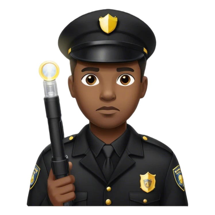 A vigilant male security guard wearing a black uniform, a cap with ‘SECURITY’ embroidered on it, and a black jacket. He holds a flashlight  shining its beam forward, with a focused and alert expression. sticker