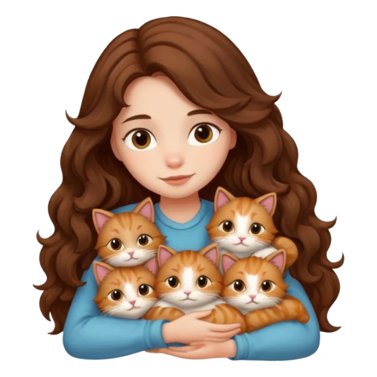 girl with long wavy brown hair cuddling with 6 cute cats sticker