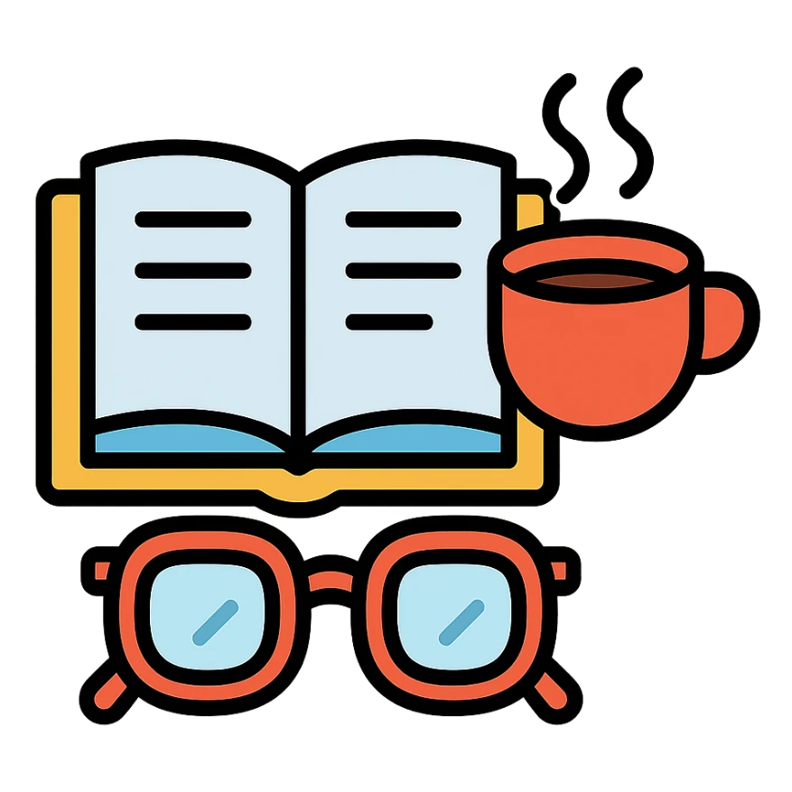 open book with glasses and a cup of coffee, representing studying icon sticker