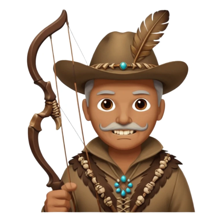 The classic image of a middle-aged uncle hunter carrying a bow, dressed in brown clothes, with some ornaments made of feathers, bones or teeth on his body. sticker