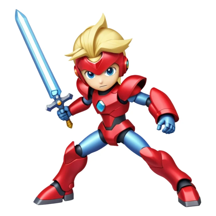 Megaman Zero robot with red armor, blonde hair, and Z-saber sword sticker