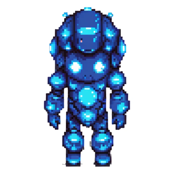 ice-themed AI character, futuristic, glowing blue, digital elements, pixel art style sticker
