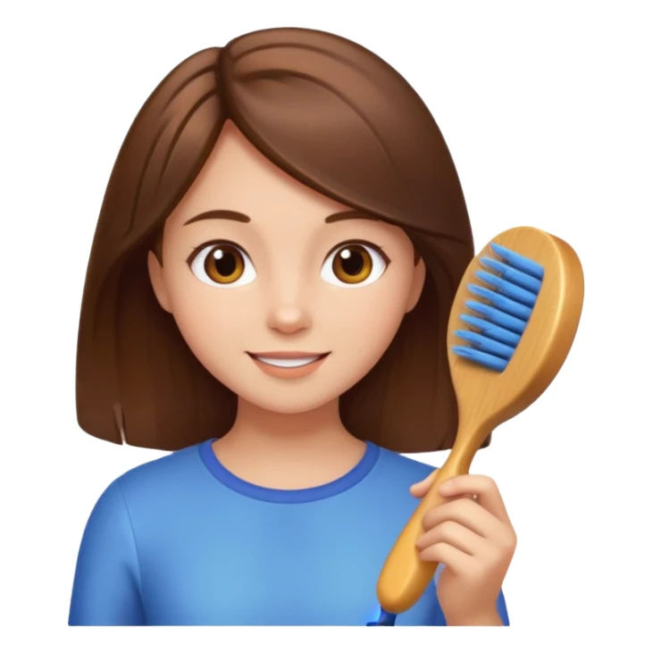 sweet girl with shiny brown hair brushing it gently, cheerful expression, iPhone emoji style sticker