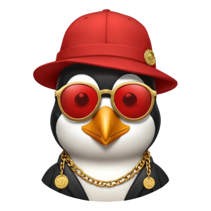 Mike D from Beastie Boys with dark sun glasses and large penguin medallion on gold chain and Red Hat with Mike D printed on hat sticker