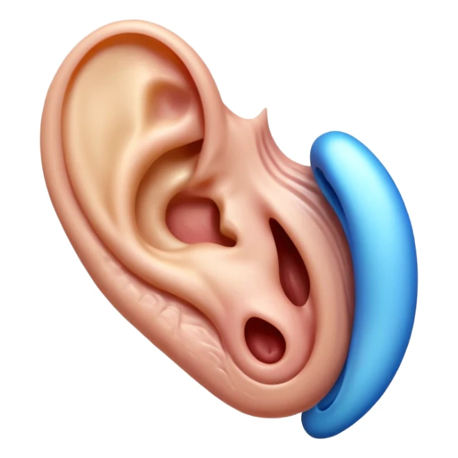 iOS-style 3D emoji: a human ear with three curved sound waves coming out from it sticker