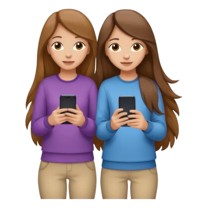 two brown haired girls, looking professional maybe leaned on each others back and looking forward and using phones, with long hair and with some cute clothes without ties, one girl can hold lap top another one can hold the phone sticker