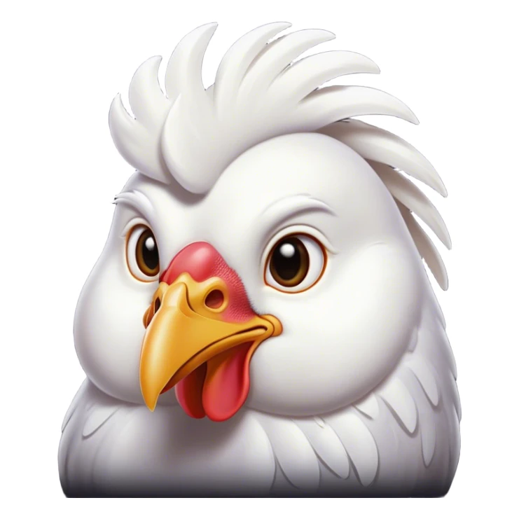 Cinematic Noble White Chicken Portrait Emoji, Poised and regal, with a compact, sturdy build and a pristine, well-groomed pure white plumage, deep-set soulful beady eyes, Simplified yet sharp and sophisticated features, highly detailed, glowing with a soft, dignified glow, high shine, intelligent and alert, stylized with an air of barnyard elegance, focused and attentive, soft glowing outline, capturing the essence of a watchful and confident fowl, so majestic it feels as though it could strut out of the screen with effortless authority! sticker