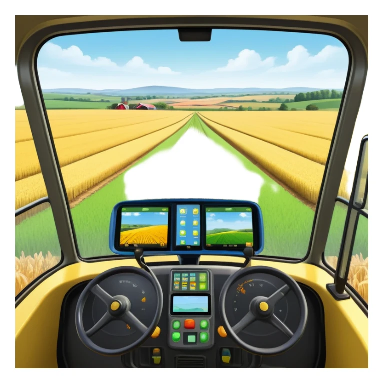 a view from the tractor cabin, with the dashboard in focus, overlooking a vibrant rural landscape. Inspired by Farming Simulator 22, the scene includes fields, crops, and distant barns under a bright sky. The design highlights the immersive experience of farm management. transparent background sticker