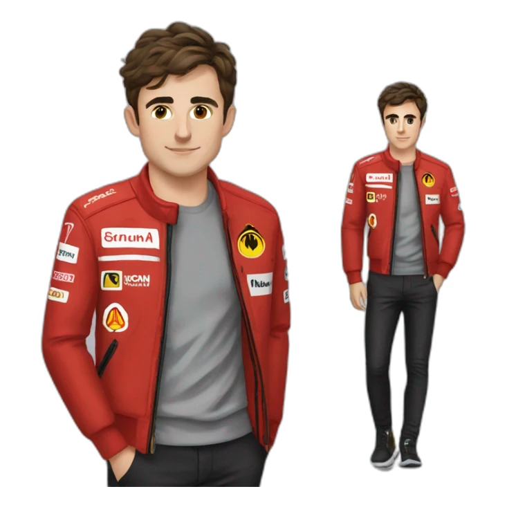 Charles leclerc avec une veste ferrarie sticker