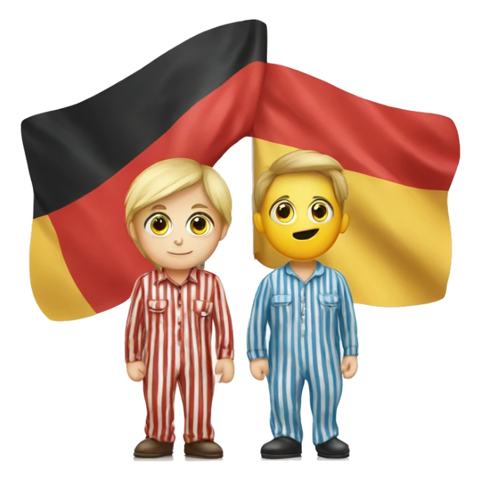 People in striped pajamas infront of German flag sticker