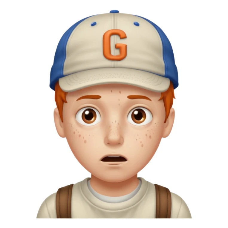 Um garoto branco, com a feição de assustado, usando um boné da Guccy sticker