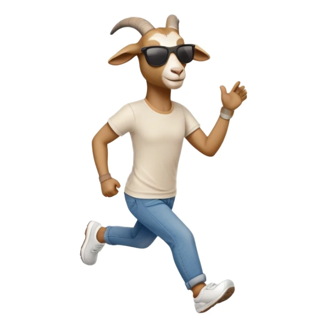 friendly anthropomorphised goat in jeans and a t-shirt, wearing dark sunglasses, jogging upright in relaxed pose sticker