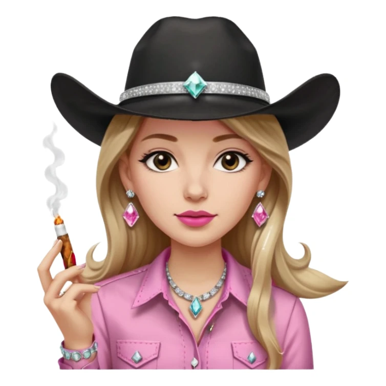 White girl, black cowboy hate with hat band sparkling, long light brown straight hair, pink and black western shirt, smoking a joint,  big white diamond stud earrings sticker