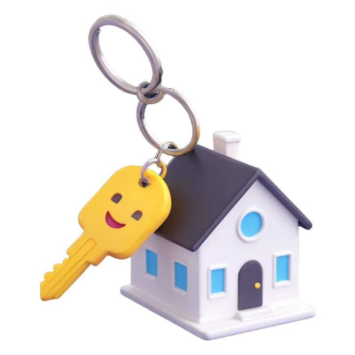 white key with a white house-shaped keychain on a chain, 3D Emoji style, angled view, soft shadows and highlights, transparent background, no decoration sticker
