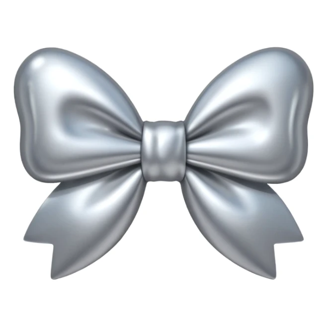 A cute bow emoji made of polished silver chrome, smooth rounded loops, glossy metallic surface, soft mirror reflections, subtle highlights, minimal and adorable proportions, iOS emoji style, centered composition, clean white background, soft studio lighting, no text, no outline, ultra high quality sticker