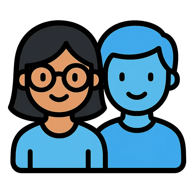 a light brown girl with black medium hair, clear glasses, wearing a light blue top, and a light blue boy next to her sticker