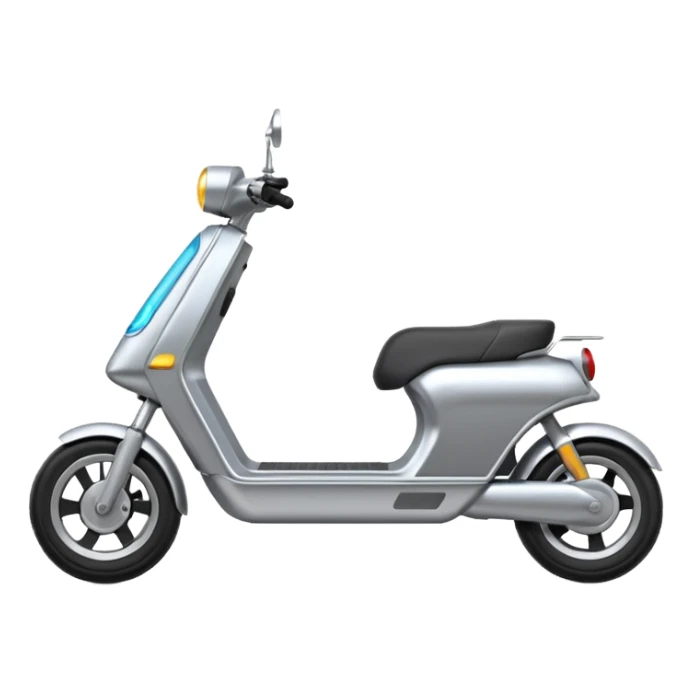 A futuristic electric scooter emoji made of silver chrome, sleek minimal frame, smooth metallic surface, subtle reflections, modern urban design, iOS emoji style, centered, clean white background sticker