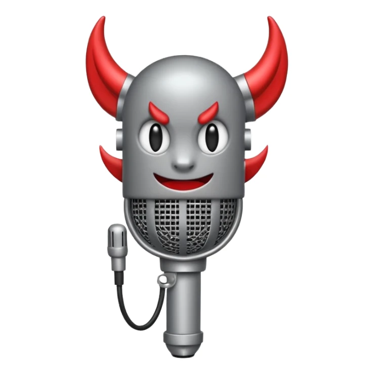 Minimalist emoji-style sticker of a classic retro microphone with small devil horns and a subtle tail wrapping the base. Grayscale with slight red accents.
 sticker