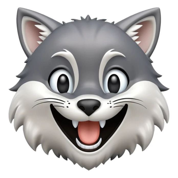 3D-style gray wolf or cat-like character emoji, goofy laugh (keck) expression, clean and glossy, inspired by TenSquared logo sticker