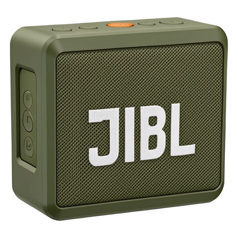 Military green JBL Go 4 portable speaker, compact size, with visible buttons and fabric speaker mesh, khaki colored electronic device sticker