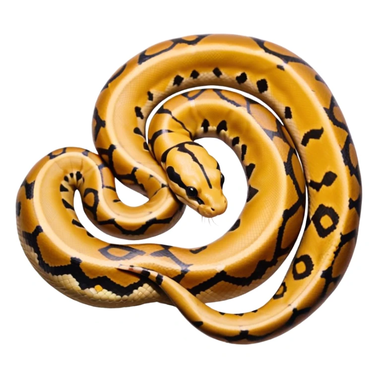 A photo-realistic top-down view of a Ball Python gently coiled into a tight spiral, with its head resting peacefully at the center. Its scales are warm brown with bold, irregular black markings, including the distinctive “alien-head” pattern, flowing smoothly along its body.  sticker