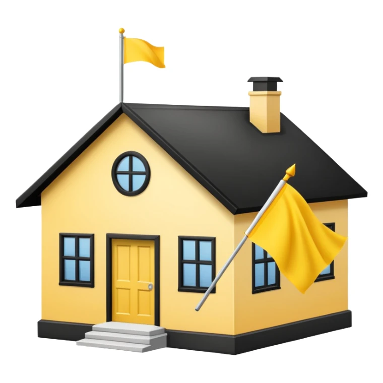 simple school, white background, magic school, black roof, with a big flag, big flag on a roof, big yellow flag, white school sticker