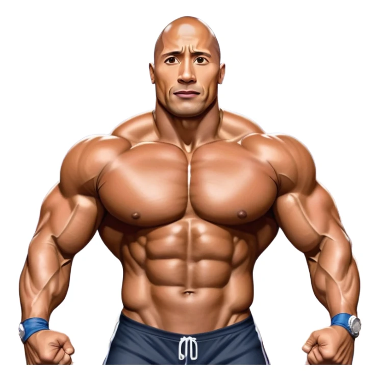 Dwayne 'The Rock' Johnson on stage at the Mr. Universe bodybuilding competition, covered in oil, flexing his powerful muscles. His physique shines under bright stage lights, showcasing his strength and dedication. The audience and judges are blurred in the background. Transparent background. sticker