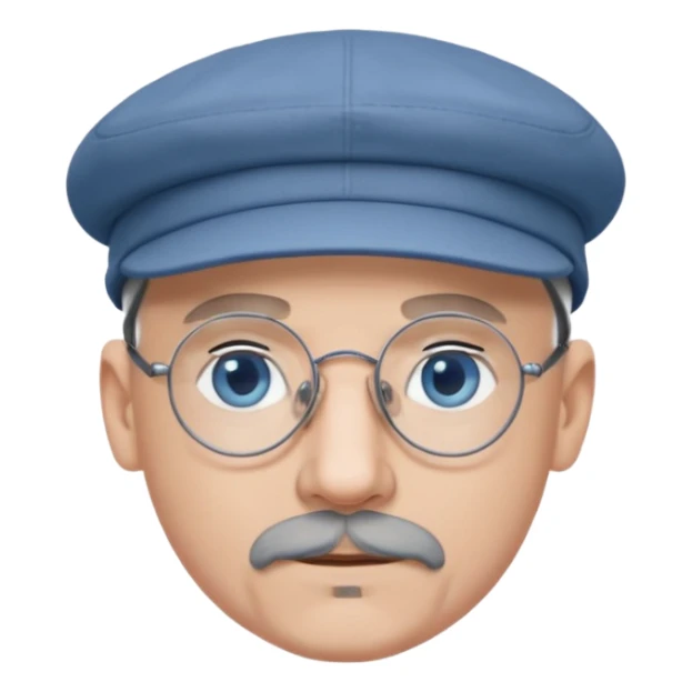 Bald, grey goatee, wire rim glasses, blue eyes, grey flat cap, round face sticker
