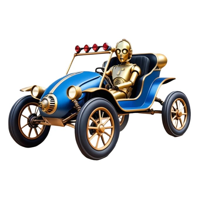  tarnished blue neon underglow C-3PO ghost buster 1964 delicately ornate rosegold wood accents Model-T off road buggy buckboard powered by electric motors and batteries with racing safety belts while flying rapidly roughening terrain stable on strong agile advanced suspension and steering sticker