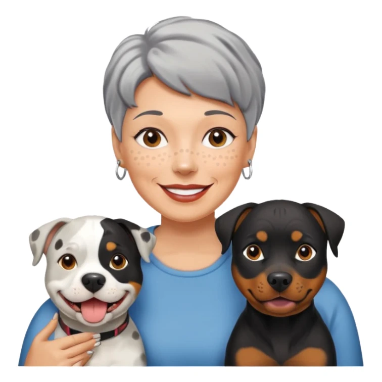Pit bull Rottweiler mix with white muzzle and spots on muzzle next to older woman with really short grey hair sticker