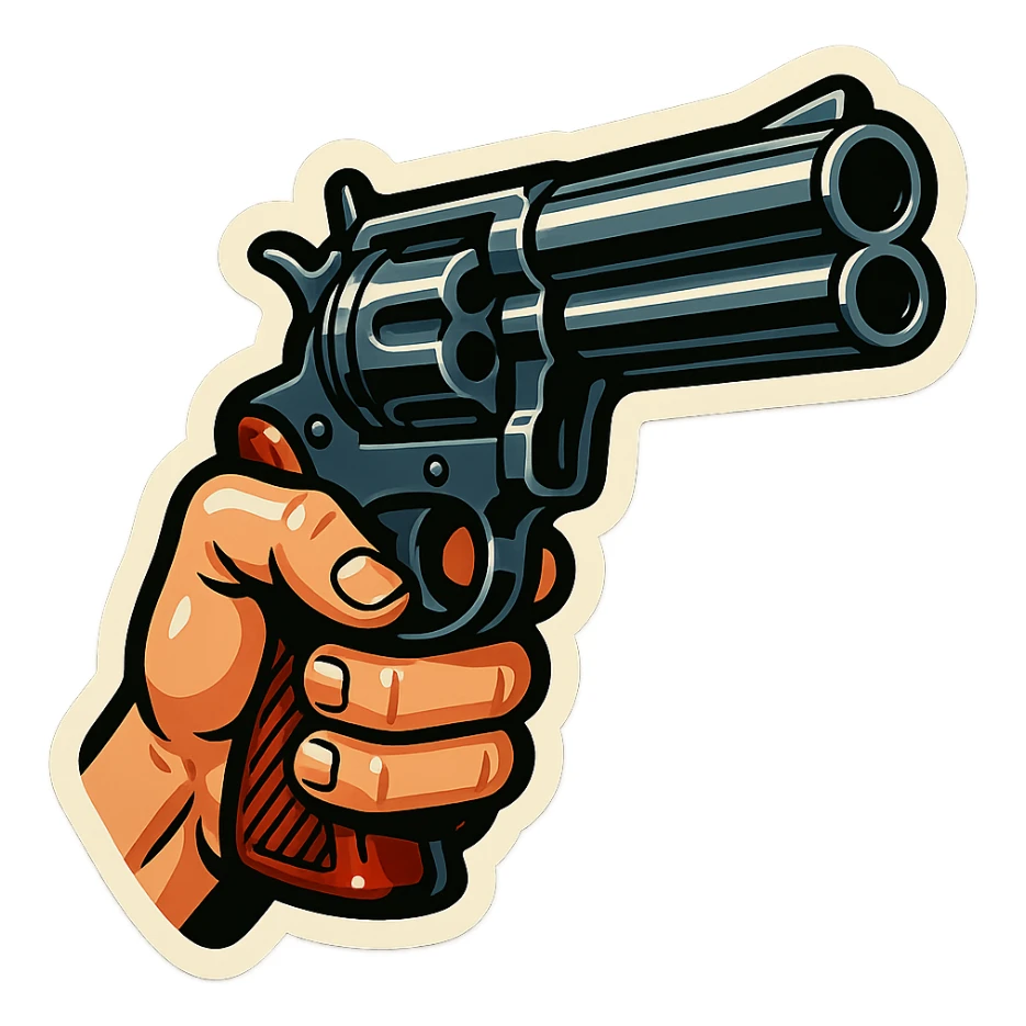 male hand holding a double-barreled revolver, retro stickers style, sharp black outlines, expressive shadows and highlights, no gradients, only sharp color transitions sticker