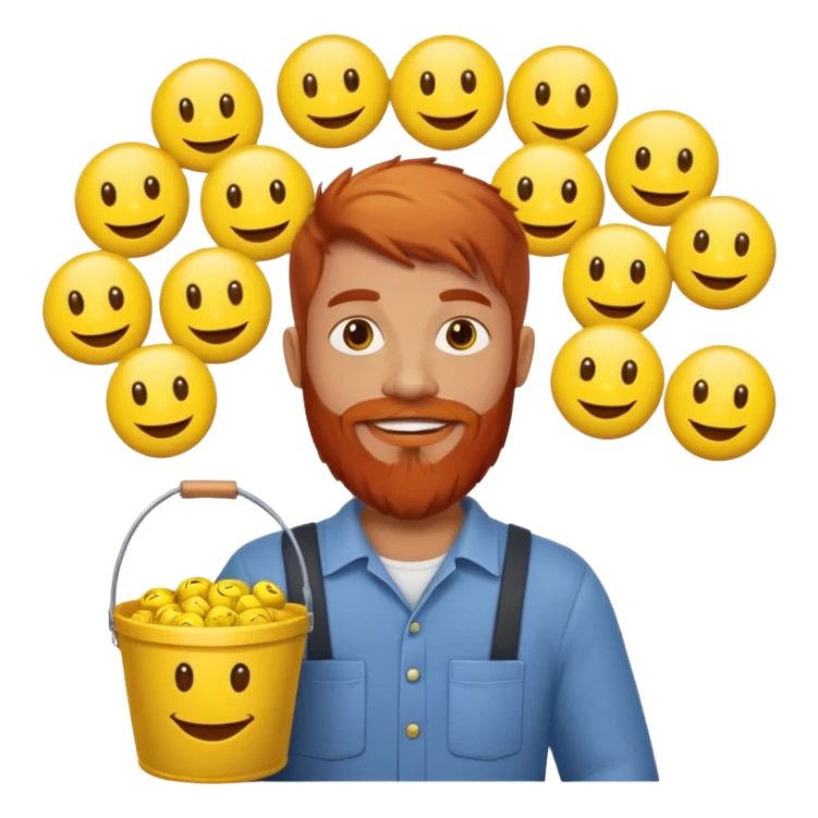 Man with red beard carrying bucket of yellow smiley face sticker